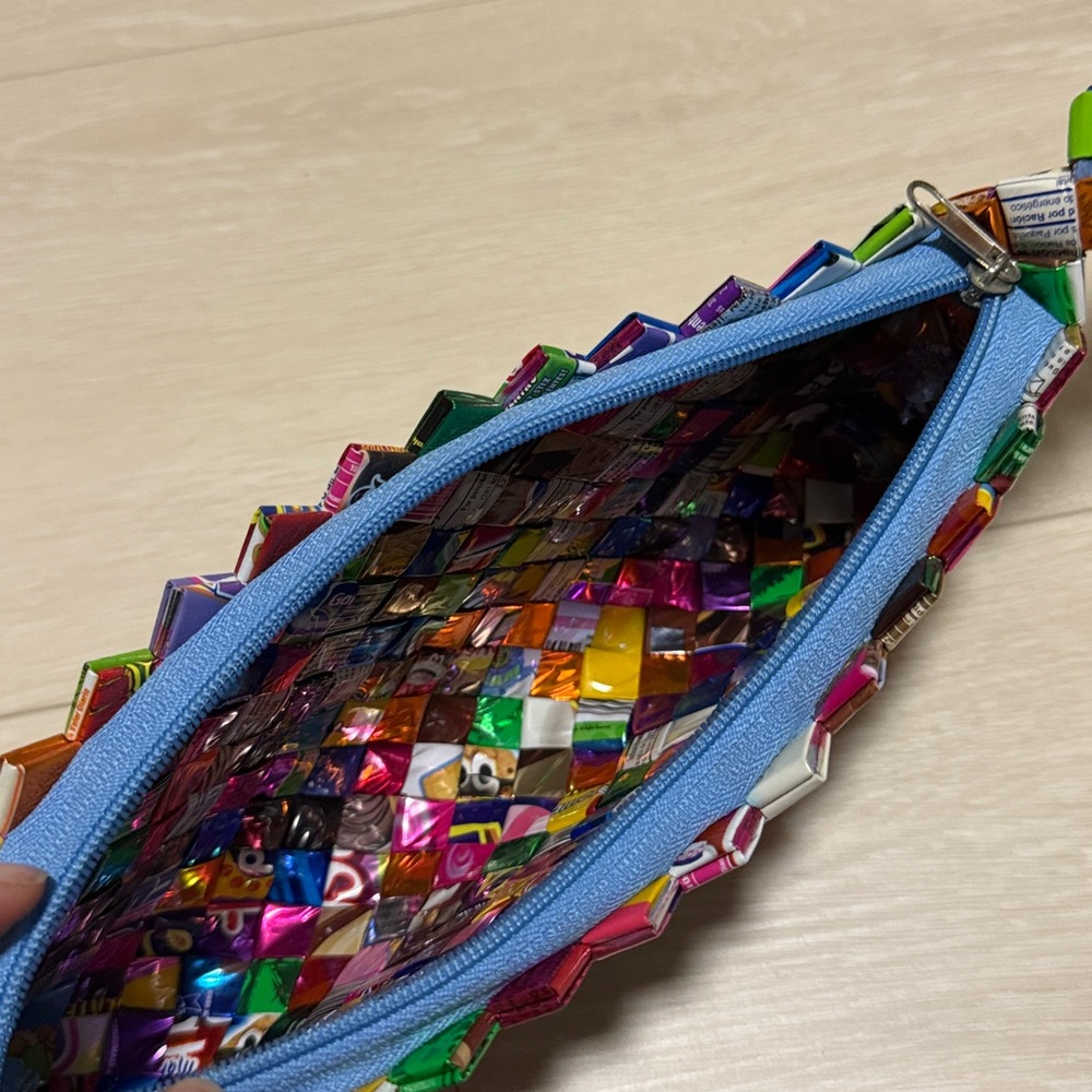 3/$10 Unique Multicolor Woven Repurposed Wrapper Wristlet Clutch - Picture 3 of 6